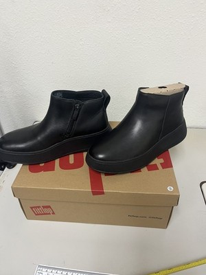 Women FitFlop F-Mode Leather Flatform Zip Ankle Boots Black