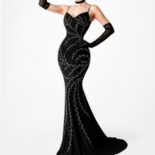 Vintage Black Silk Floral Beaded Bodycon Maxi Formal Prom Dress Size M/L