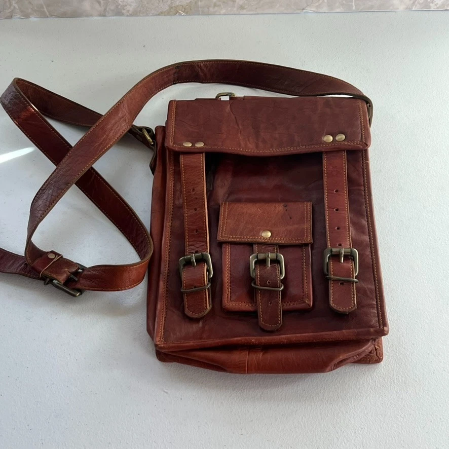 邮差包男女通用垂直棕色皮革手工复古 — 第 2/4 张图片