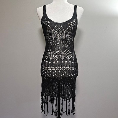 Womens Black Crochet Knit Fringe Dress Boho Festival Cover Up Beach Size Small