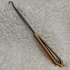 Vintage Bakelite Celluloid 7 In Button Hook Amber Cream Black Color Art Deco