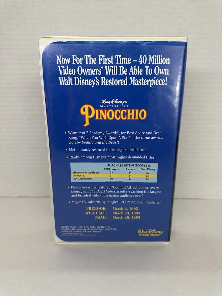 Walt Disney Pinocchio (VHS, 1993) Black Diamond  Rare DEMO TAPE Promo Foto 3 de 4