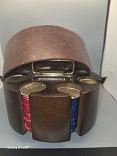 Vintage BAKELITE POKER CHIPS  Spinning CADDY case Red Blue White Swirl Pattern