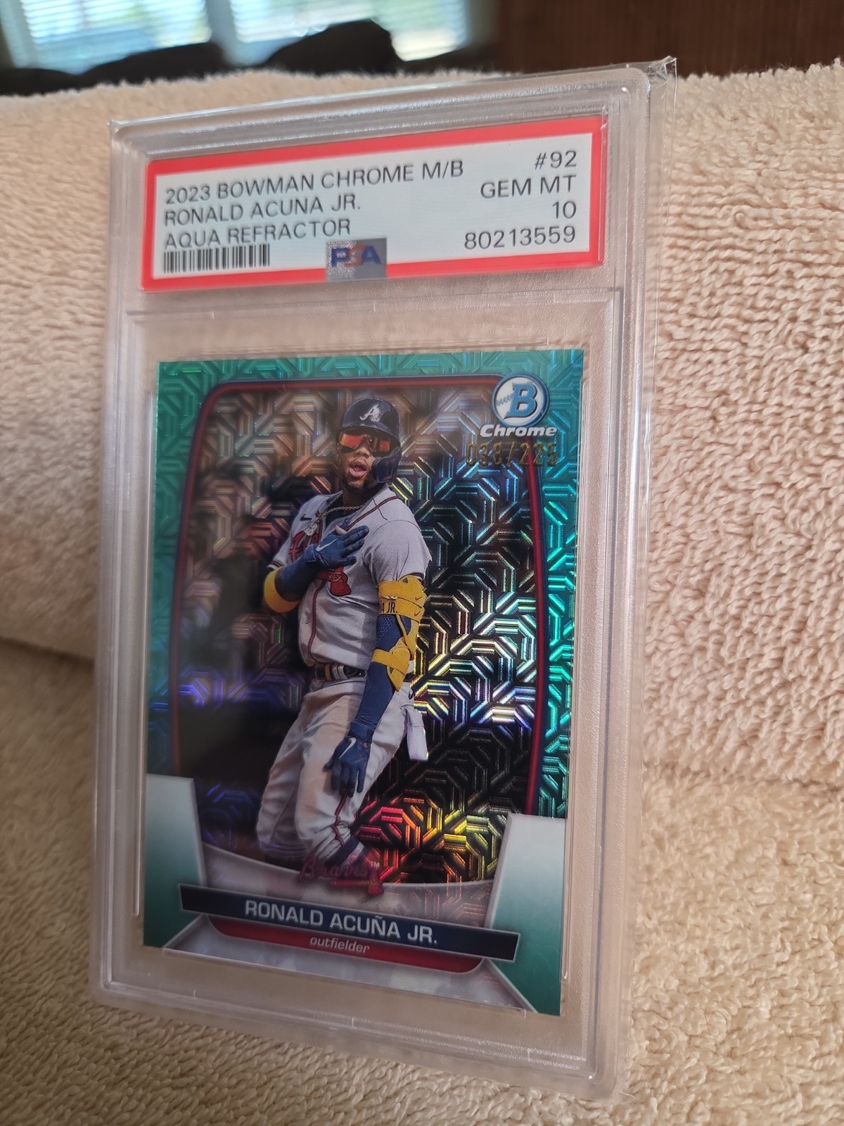 2023 Bowman - Ronald Acuña Jr. #92 Chrome Aqua Mojo Refractor /225 PSA 10 view 4
