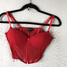 Bustier Corset Top Womens M Red Mesh Sheer Hook Eye Strappy Lingerie Festival