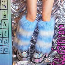 Thick Multicolor Fur Leg Warmers - Fuzzy Fluffies - White and Blue - 15 in