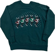 Vintage 80s Raglan Forest Green Sweatshirt Reindeer Christmas Cute Funny 90s