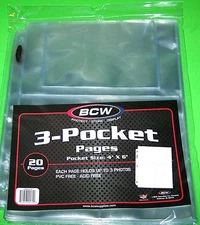 (20) 3 POCKET POSTCARD, 4X6 PHOTO, OR COUPON PAGES, ARCHIVAL SAFE-CRYSTAL CLEAR