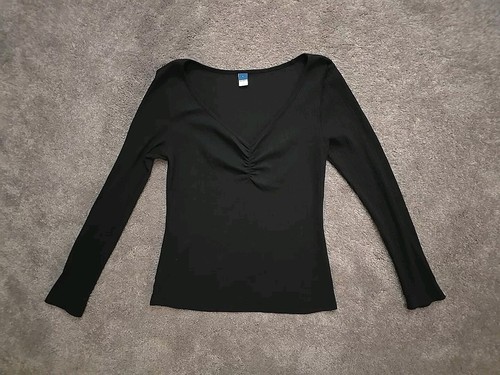 Old Navy Black Ribbed Ballerina Cinched Bust V Beck Fitted Long Sleeve Top L