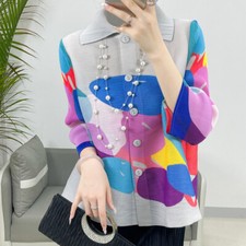 2024 Pleated Casual Printed 3/4 Sleeved Shirt Tops Women Loose Cardigan Tops