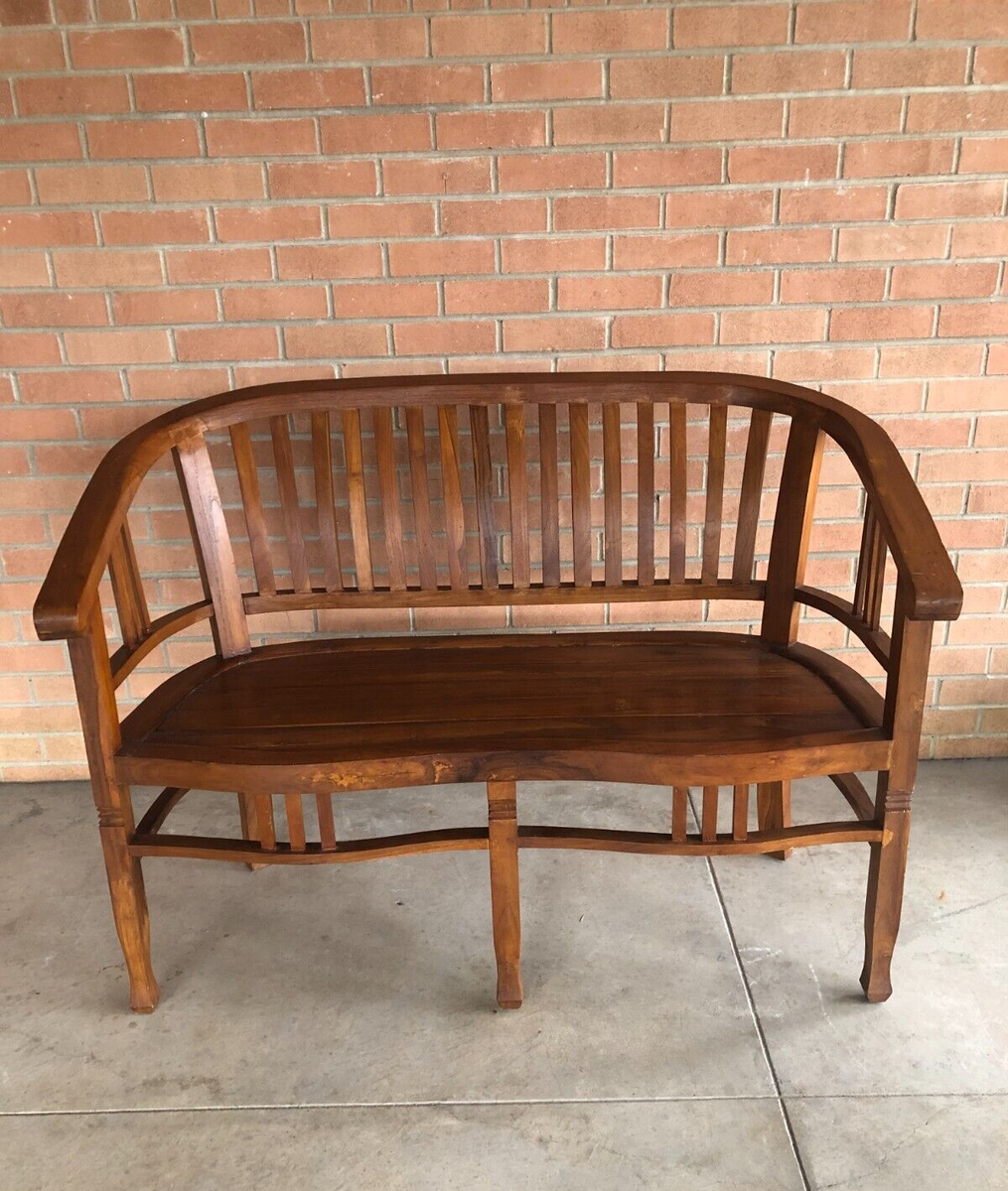 Wood Teak Garden Bench Curved Slat Back Mission Arts Craft Style Seater