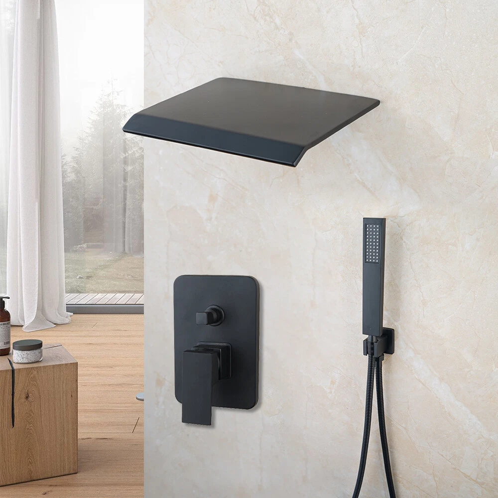 Black Waterfall Rain Shower Head Set Mixer Faucet Shower Handheld Wall Mount Tap
