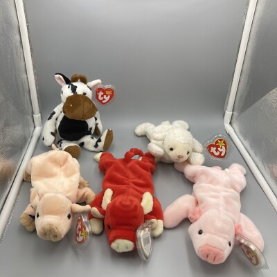 Ty Beanie Babies Lot of 5 Farm Animals- Pigs, Cow,Bull, Lamb- Tipsy, Knuckles 