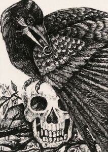 5x7 PRINT OF PAINTING RYTA RAVEN CROW GOTHIC WITCH HALLOWEEN FOLK ART LOWBROW