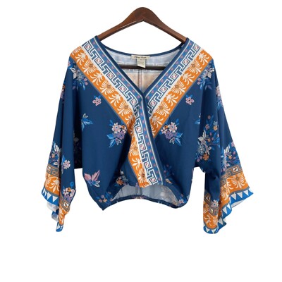 Flying Tomato The Killers Blue Orange Kimono Wrap Cropped Top Womens Size XS