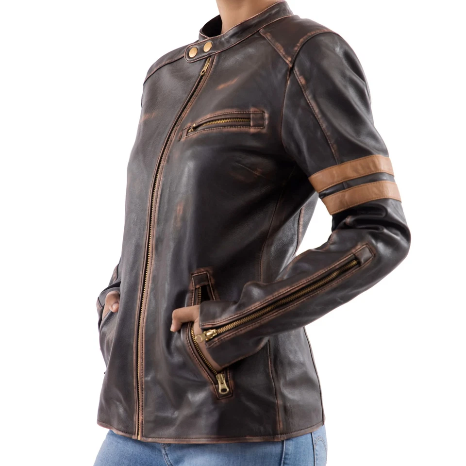 Women's Racer Vintage Leather Jacket Women Distressed Black Biker Jacket Women - Image 4 of 4