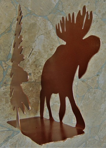 METAL MOOSE/PINE TREE RUSTIC NAPKIN/LETTER HOLDER~ HAMMERED COPPER TONE 9" x 9" - Picture 5 of 6