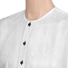 Mandarin White Linen Collarless Black Button Men's Grandad Tuxedo Wedding Shirt