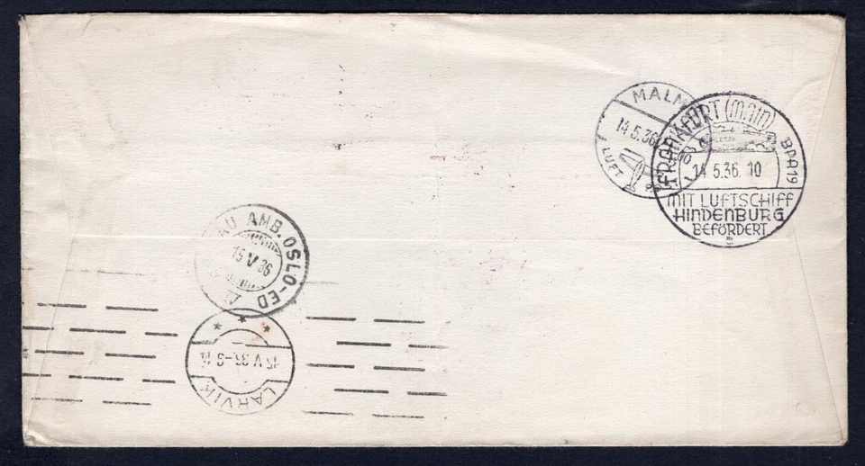 1936 Hindenburg Zeppelin First Flight Cover to Norway -  Sweden Germany C9 Plate - Image 3 of 3