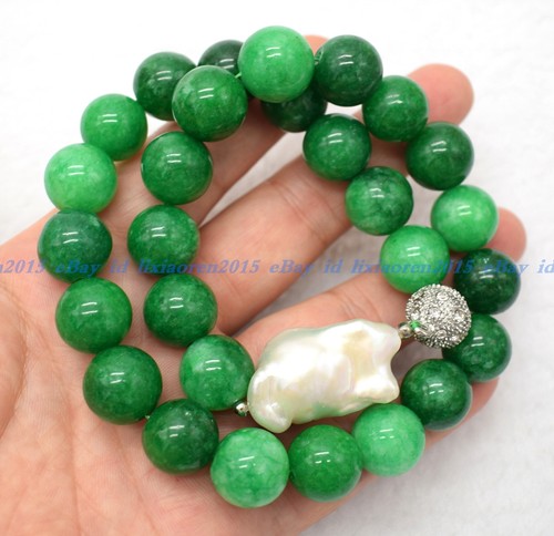 Natural 12mm Green Jade Gems Beads White Keshi Baroque Pearl Necklace 18" - Picture 7 of 12