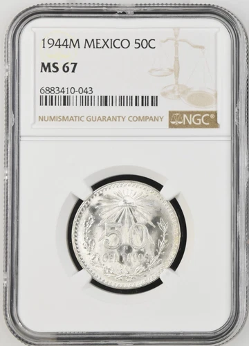 1944 M Mexico .720 Silver 50 Centavos NGC MS67 KM#447 Brilliant UNC Gem BU