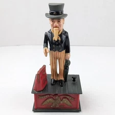 Vintage Plastic Uncle Sam Mechanical Coin Piggy Bank-Complete-Arm/Bag  Moves