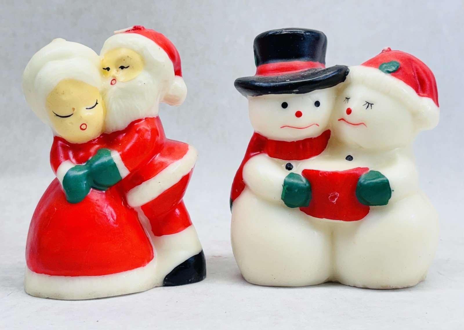 Vintage Santa Mrs Claus Snowman Mrs Snowman Candle Pair Unlit Holiday Decor