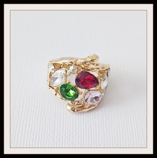 Crystal Cluster Pink Green Red Clear Stretch Ring Gold Plated STUNNING