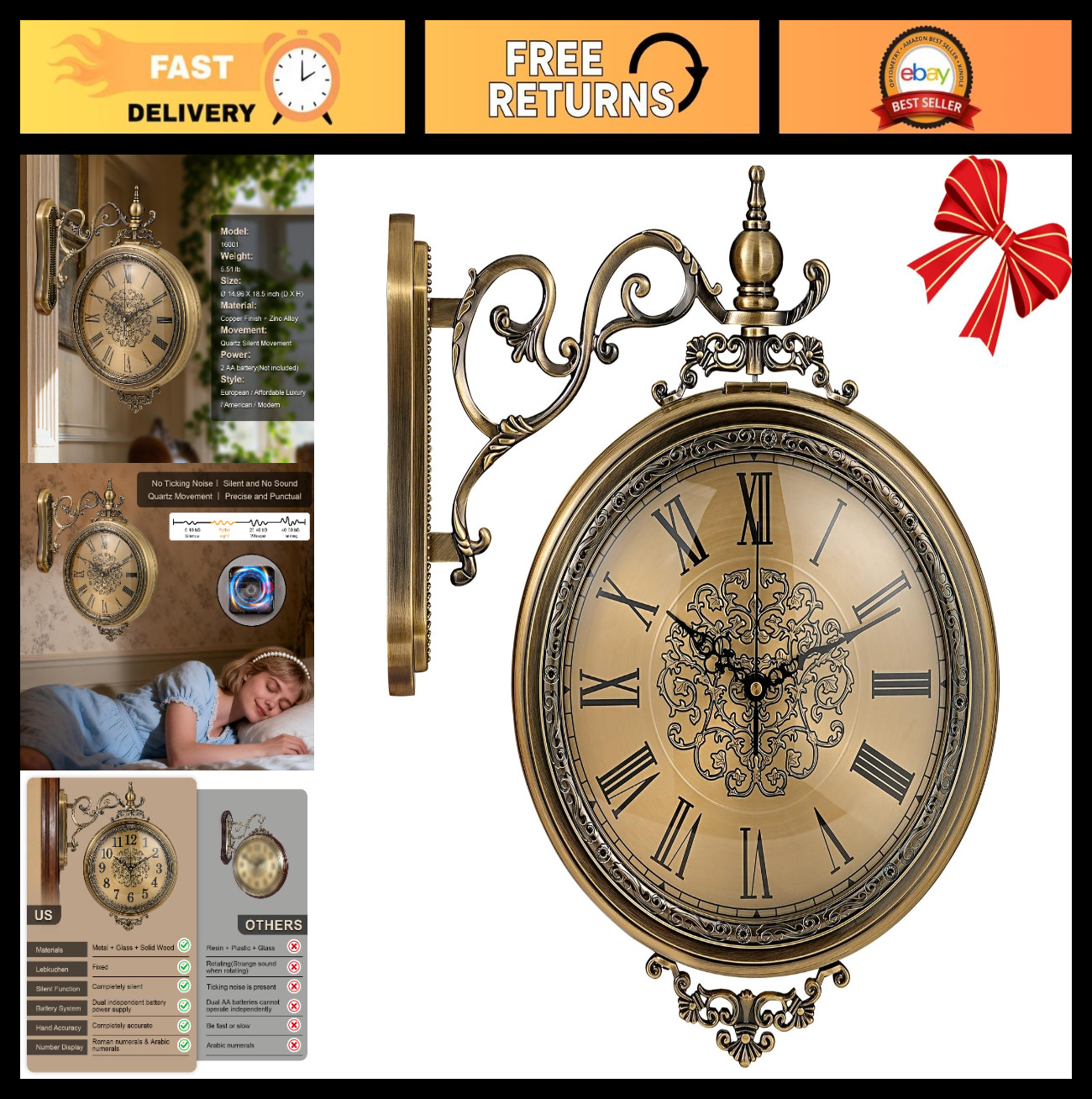 Vintage Double-Sided Wall Clock, Glass & Metal, 15x18.5 Inch Home Decor