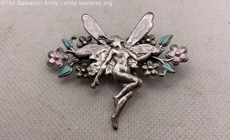 925 Sterling Silver Enamel Winged Floral Fairy Art Nouveau Brooch - 8.4g