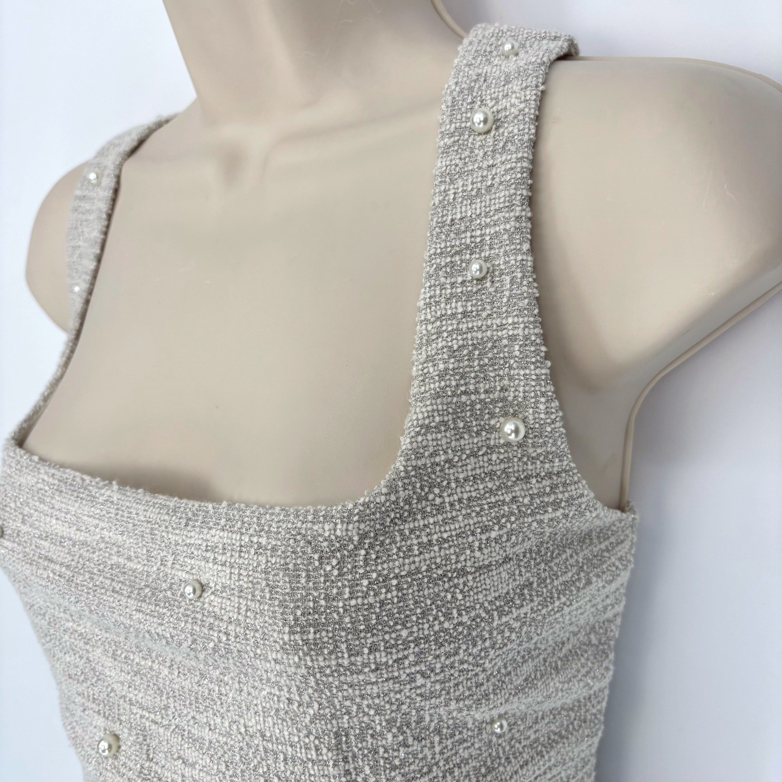 NWT H&M Cream Gold Metallic Mini Dress Square Neck Pearl Accents Pullover Sz M thumbnail 3