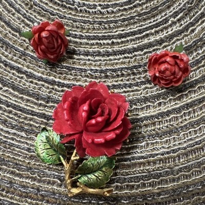 Vintage Red Rose Enamel Brooch & Earrings Set Gold Tone Green Leaf Floral