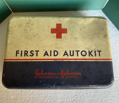 Vtg 50s Red Cross Johnson & Johnson First Aid Auto Kit Tin Only Hinged Lid