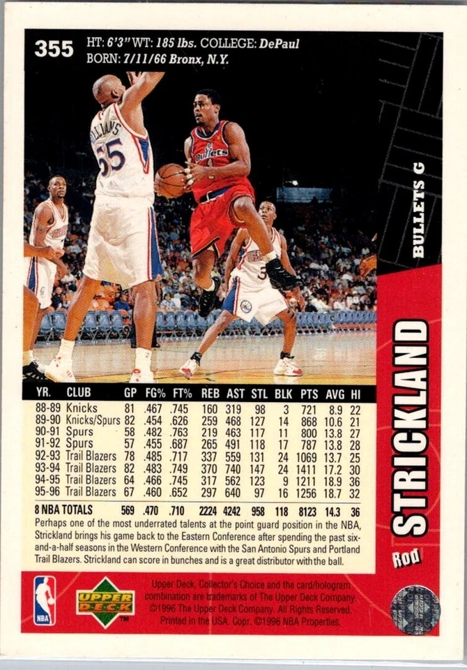 1996 Upper Deck Collectors Choice Rod Strickland Washington Bullets #355 - Imagem 2 de 2