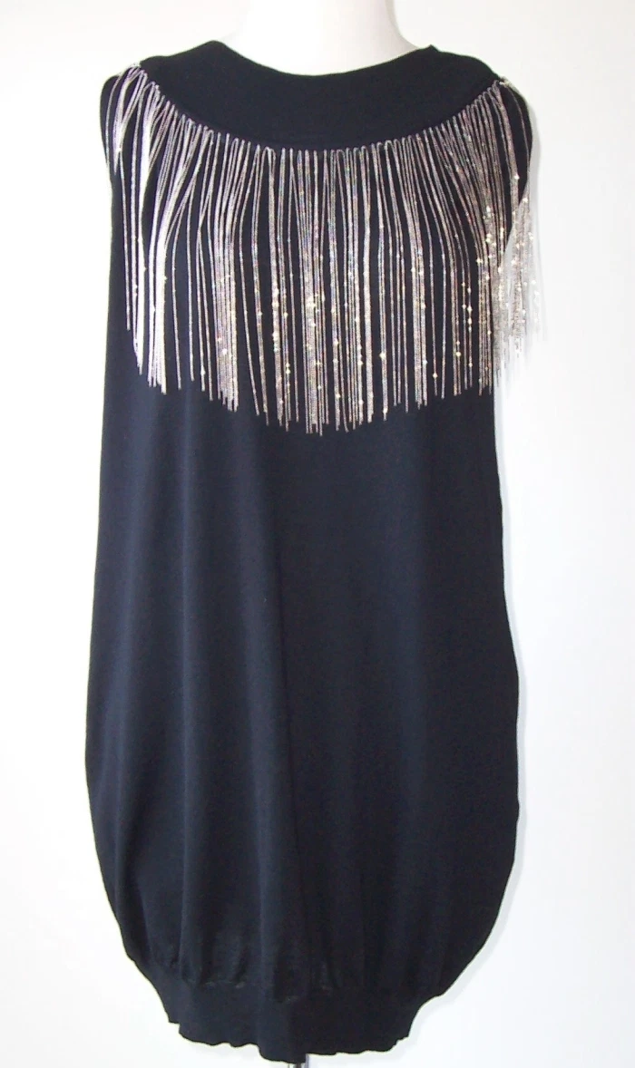 Balmain — BALMAIN Wool Silver Metal Chain Fringe Embellished Tunic Dress 42 10