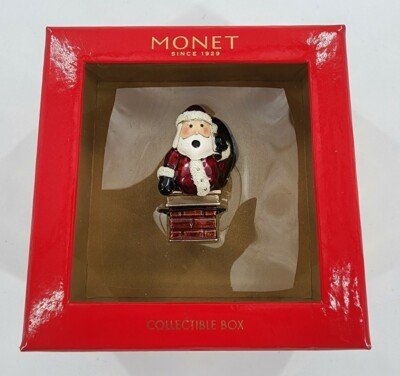 MONET Trinket Box CHIMNEY SANTA Collectible Enamel Keepsake NIB Christmas 