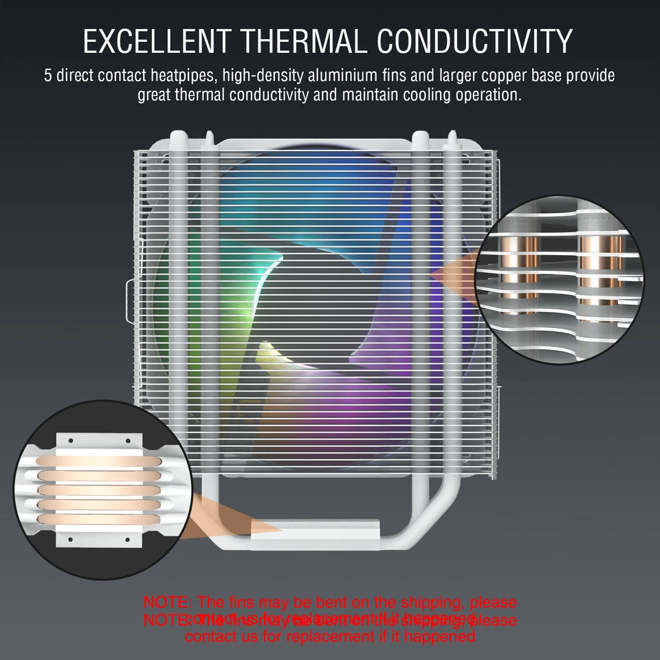 Vetroo V5 CPU Air Cooler Heatsink w/5 Heatpipes 120mm ARGB Fan for 1200 1700 AM4 - Image 3 of 4