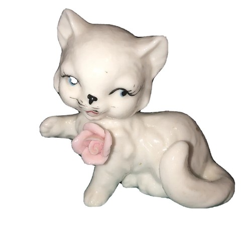 Vintage 😊 Adorable White Porcelain Cat Kitten Figurine Fun
