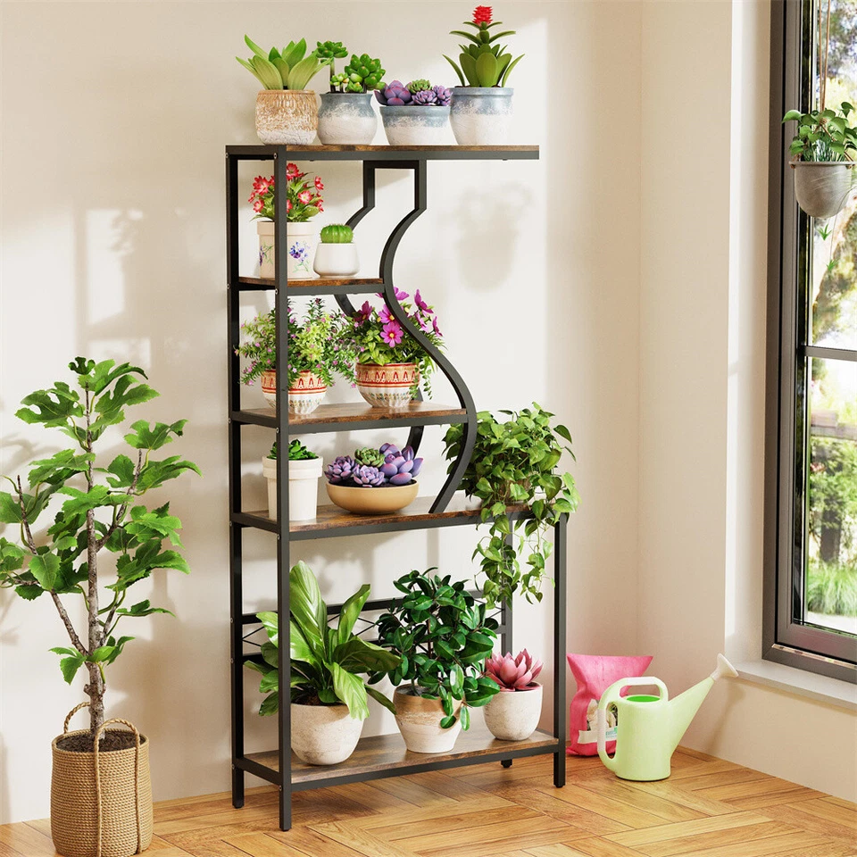 Estante de exhibición grande de almacenamiento para organización del hogar alto soporte para plantas estantería rústica Foto 3 de 4