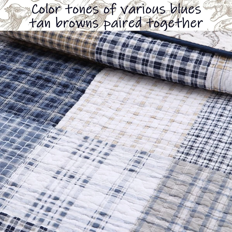 KIDS JURASSIC DINO 3 件套全大号绗缝套装:棉蓝色白色格子恐龙 — 第 3/4 张图片