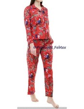 Women's Sleepwear Bird Print Red Boho Pure Cotton Indian Ethnic Top-Pajama set