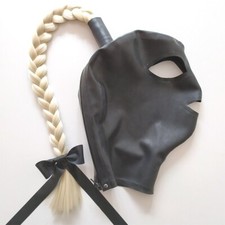 Latex Hood Blonde Ponytail Wig Rubber Mask with Hair Pigtail Tube Fetish Cosplay