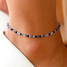 2mm Black Tourmaline Quartz Anklet | Protection Energy Crystal Boho Jewelry Gift