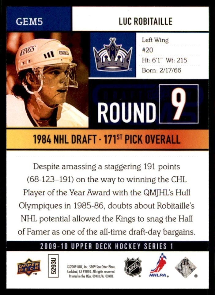 2009-10 Upper Deck Draft Day Gems Luc Robitaille Los Angeles Kings #GEM5 - Image 2 of 2