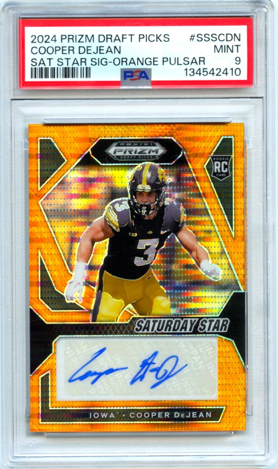 COOPER DEJEAN RC 2024 PRIZM DRAFT ORANGE PULSAR ROOKIE AUTO JERSEY # 3/49 PSA 9