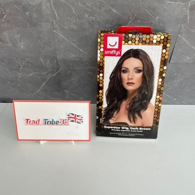 Smiffys Superstar Perücke, dunkelbraun lang, wellig, mit Hautscheitel, Damen Glamour 