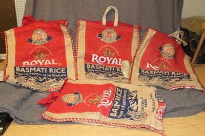 4 Royal Basmati Rice Burlap Bags (EMPTY) 25th Anniversary 20 lbs. Zipper Handles