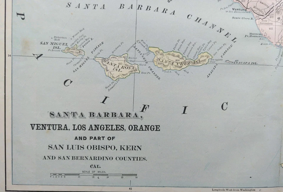 Antique 1893 SANTA BARBARA VENTURA LOS ANGELES ORANGE COUNTIES CALIFORNIA Map - Image 4 of 4