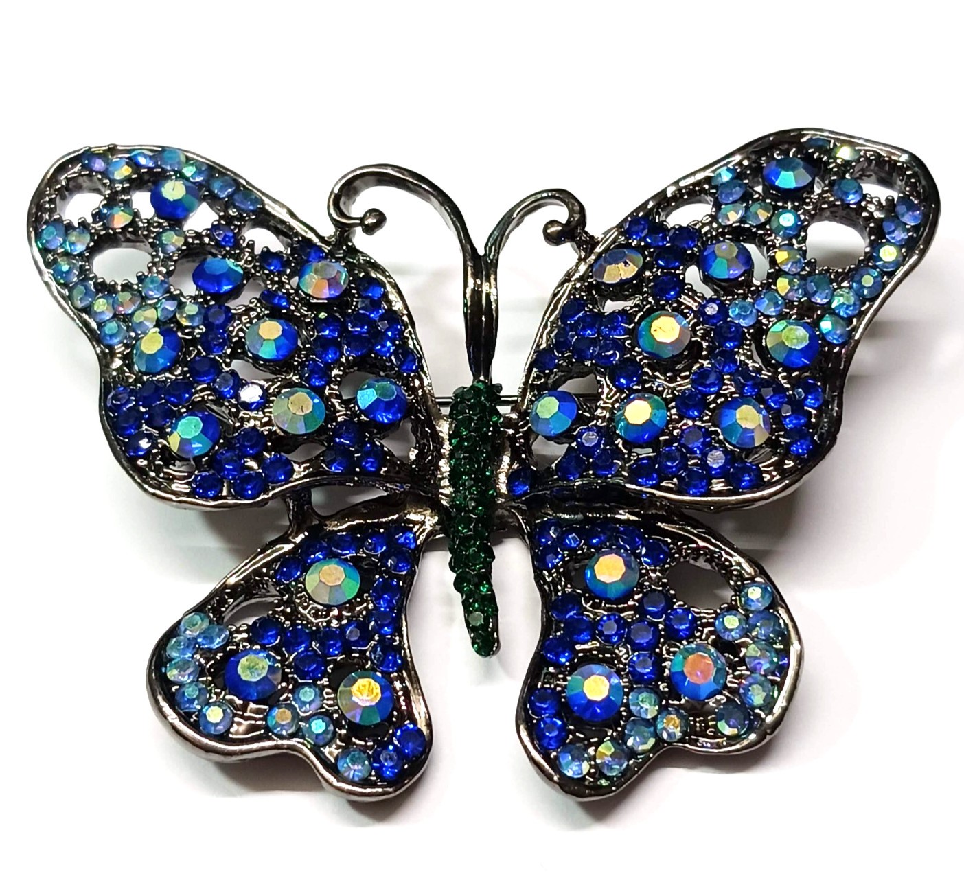 Large Unsigned Blue Aurora Borealis Rhinestone Bu… - image 1