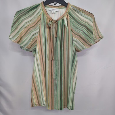 Cece Blouse Women's Medium V-Neck Striped Ruffle Tie Printed Shirt Lined Top EUC